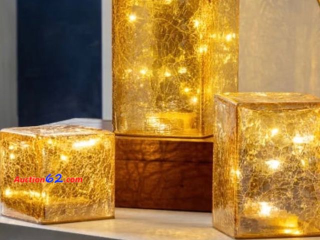Lot 44-142j - Evergreen LED Glass Cube Towers Gold Crackle Finish 3 Hand-Blown  E-Commerce Return, A basic inspection has been given to this item. Sold AS...