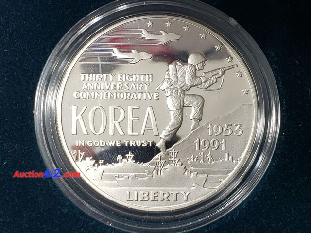 Lot 44-8316f - 1991 38TH ANNIVERSARY KOREAN WAR COMMEMORATIVE 90% SILVER PROOF DOLLAR. MINTED IN PHILADELPHIA. COMES IN ORIGINAL US MINT GOVERNMENT PACKAGI...