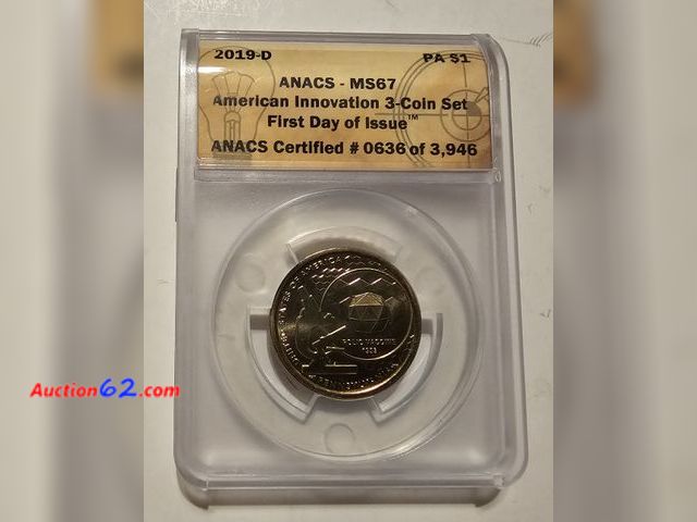Lot 44-8312w - 2019-D INNOVATION DOLLAR CELEBRATING THE DISCOVERY OF THE POLIO VACCINE BY DR. JONAS SALK GRADED MS67 (MINT SET) BY ANACS. MINTED IN DENVER....