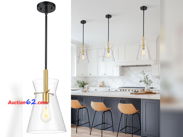 Lot 44-4040m - $85.99 Retail price - Emak Black and Gold Pendant Light Fixtures, 9 Inch Clear Glass Pendant Lights Kitchen Island, Modern Farmhouse Large H...