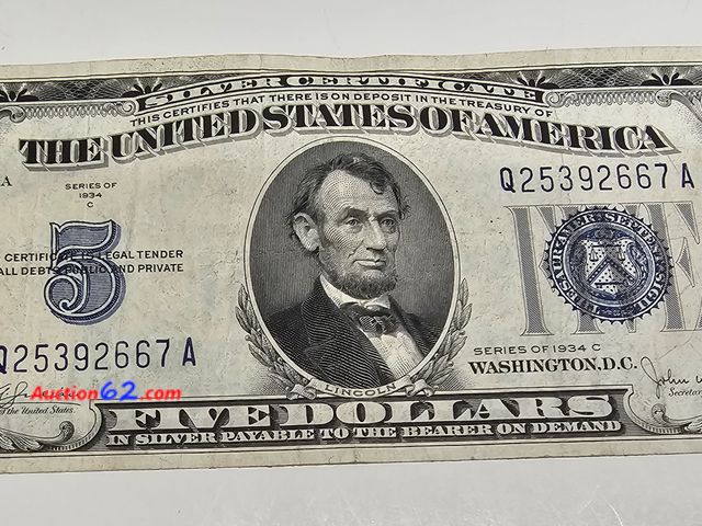 Lot 44-8338f - 1934 C SERIES $5 SILVER CERTIFICATE. CIRCULATED.-NT