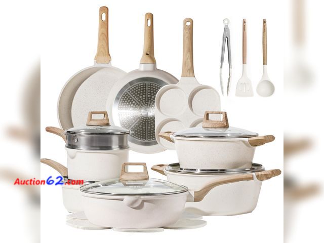 Lot 44-1132j - $129.99 Retail price - CAROTE 21Pcs Pots and Pans Set, Nonstick Cookware Sets, White Granite Induction Cookware Non Stick Cooking Set w/Fryi...