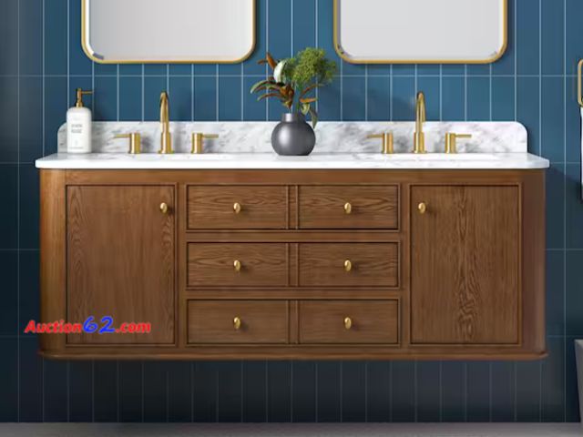 Lot 44-21j - $2,399 Retail price - Missing back-splash piece, (2) Drawers &amp; Legs- Collette 60 in. Double Sink Cinnamon Oak Bath Vanity with White Car...