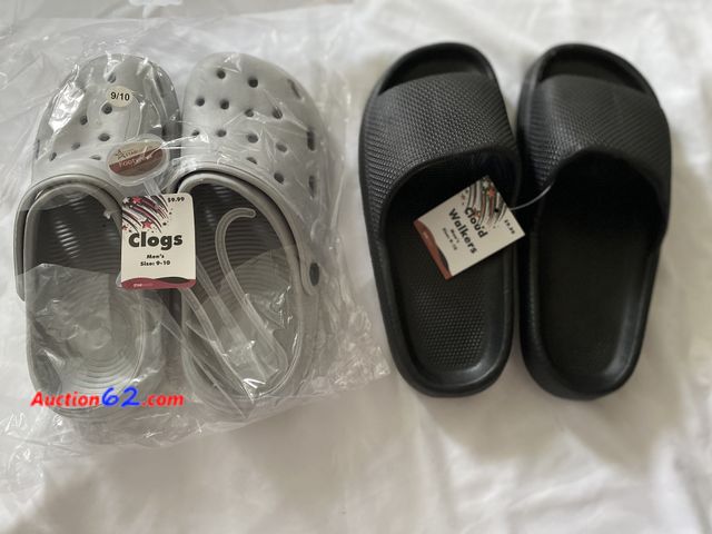 Lot 44-2003w - New. Pair of men’s size 9-10 gray clogs. Retail $9.99. Pair of men’s 9-10 black slides. Retail $9.99. See photos. Appears New, A basic inspe...