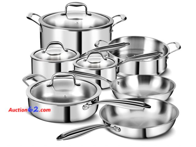 Lot 44-16f - $148 Retail price - 3 Ply Stainless Steel 11-Piece Cookware Set with Lids, Pots and Pans Kitchen Set, Non-Toxic, Induction, Oven, Dishwasher...