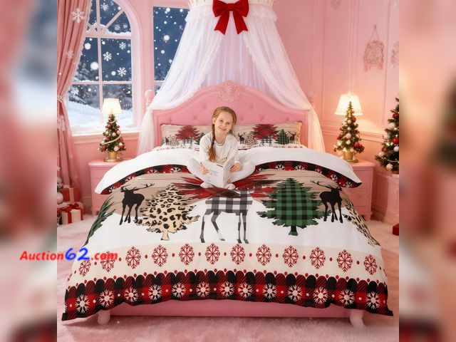 Lot 44-9251 - Retail of $43-Kids Christmas Duvet Cover Set Queen Size,Deer Pine Snowflake Bedding Set,Girls Boys Adults Room/Xmas Cabin Decor,Brown Wooden...