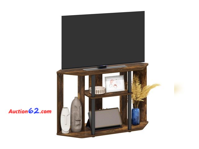 Lot 44-269 - (Damaged Piece: See Photos)Furinno Classic Stand with Plastic Poles for TV up to 43-Inch, Amber Pine/Black See All Photo's E-Commerce Return...