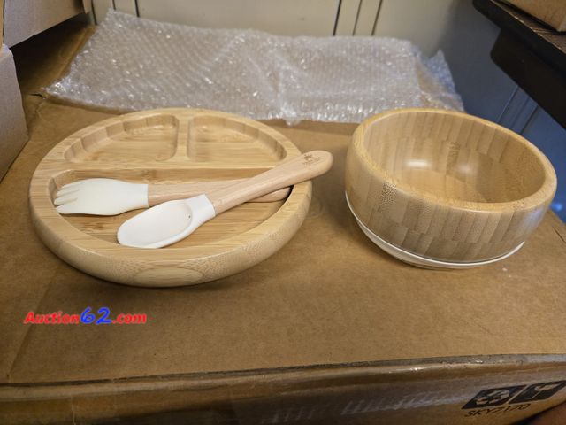 Lot 44-6673t - 4PCS Bamboo Baby Feeding Set, Bowl,Plate with Silicone Spoon &amp; Forks, Wood Handle,Infant &amp; Toddlers,Baby Led Weaning Supplies &amp; ...