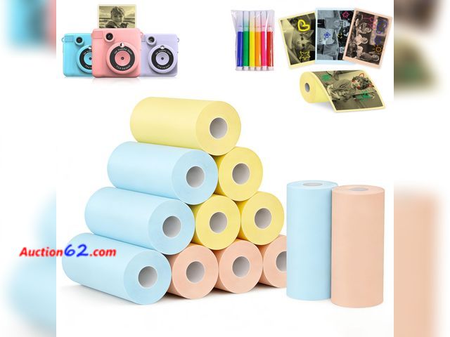 Lot 44-2858e - 12 Rolls Kids Camera Instant Photo Printing Paper Roll, Thermal Print Refill Fit for Most Kids Instant Camera (4*Pink, 4*Blue, 4*Yellow) App...