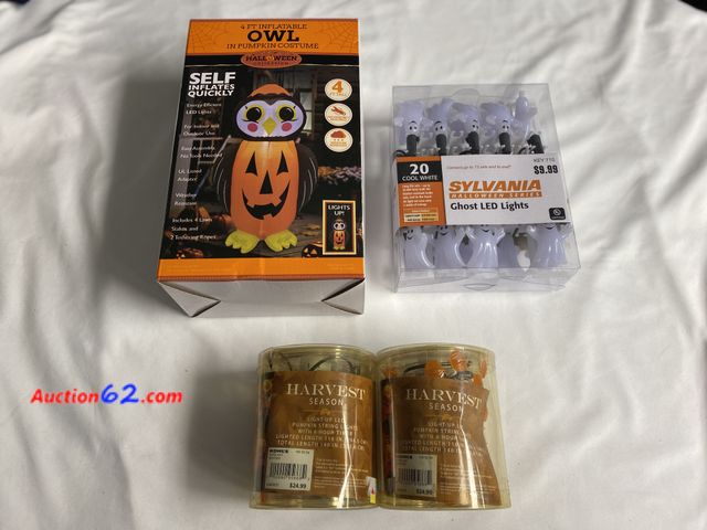 Lot 44-3630m - New Halloween items.  4 ft. Inflatable Owl in pumpkin costume . Self inflates quickly.  Sylvania 20 cool white Ghost LED LIGHTS. Two Harvest...