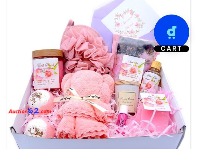 Lot 44-6533r - Binunara Natural - Handmade Rose Bath Gift Set includes; Rose pedal sugar body scrub, 2 bath bombs, bath salt, hand soap, bath sponge, candl...