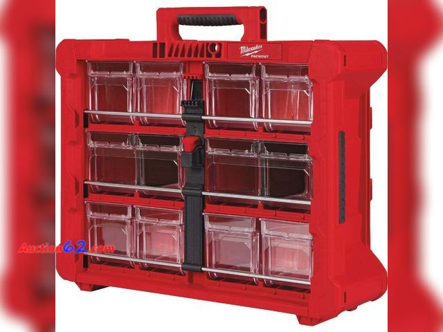 Lot 44-5i - $111.46 Retail price - Missing 2 cubbies. Milwaukee Electric - PACKOUT TILT BIN Organizer Not Tested See All Photo's Appears New, A basic in...