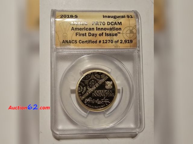 Lot 44-8309w - 2018-S INNOVATION PROOF DOLLAR CELEBRATING THE FIRST SIGNED PATENT BY GEORGE WASHINGTON GRADED PR70 DCAM BY ANACS. PERFECT COIN! THEY DO NOT...