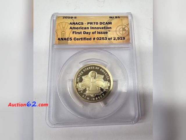 Lot 44-8333b - 2019 S AMERICAN INNOVATION $1 PROOF COIN GRADED PR70 DCAM BY ANACS. PERFECT COIN! THEY DON'T GRADE ANY HIGHER!- NEW JERSEY. THE AMERICAN INN...