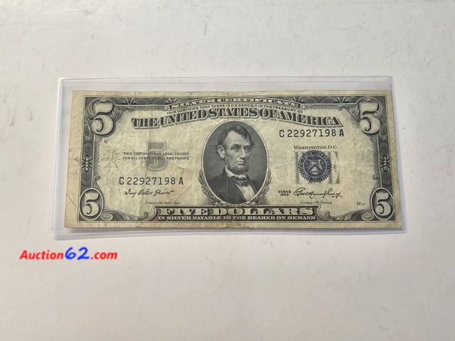 Lot 44-8368g - 1953 SERIES $5 SILVER CERTIFICATE. CIRCULATED. FROM BACK IN THE GOOD OLD DAYS WHEN THEY SAID "PAYABLE IN SILVER TO THE BEARER ON DEMAND." CO...