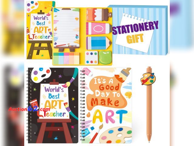 Lot 44-9069m - B1ykin Teacher Appreciate Stationery Gift Set - 3Pcs It's a Good Day To Make Art A5 Spiral Notebook &amp; 550 Sheets Sticky Notes with Pen, ...