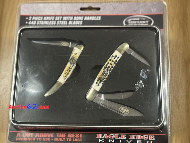 Lot 44-6023q - Kentucky cutlery eagles edge 2 pc bone handle knife set. 440 stainless steel blades collector tin. See All Photo's Not Tested Never opened, ...