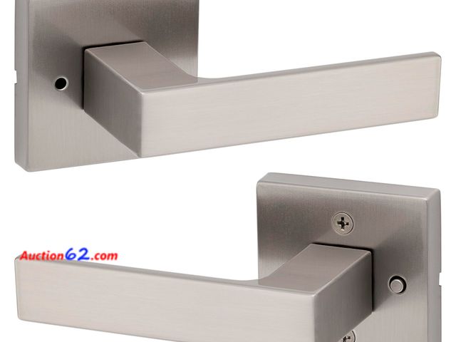 Lot 44-1605p - $38 Retail value- Kwikset Singapore Interior Privacy Door Handle with Lock, Door Lever For Bathroom and Bedroom, Satin Nickel Reversible Key...