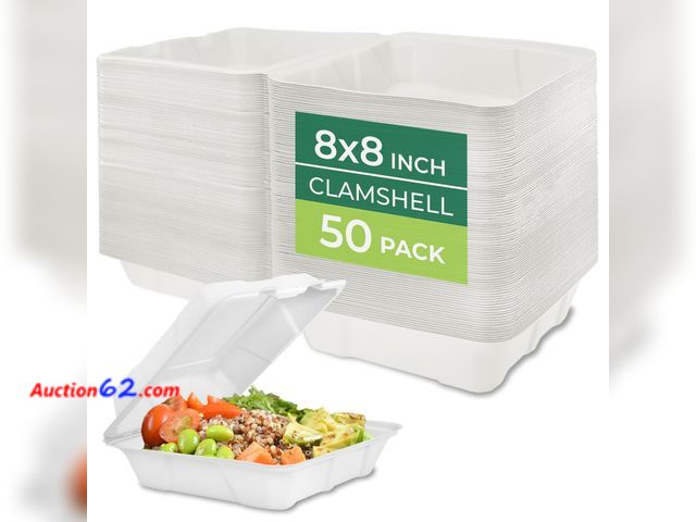 Lot 44-1148i - Freshware Compostable Clamshell Food Containers - 8x8" 50-Pack, Biodegradable Sugarcane To Go Boxes, Heavy Duty Paper Container - Microwave ...