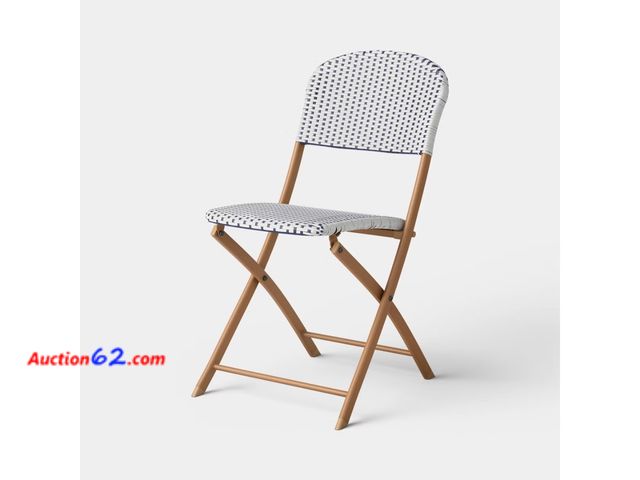 Lot 44-130 - Bistro Folding Chair White Blue Woven Seat Wood Frame See All Photo's Appears New, A basic inspection has been given to this item. Sold AS-I...