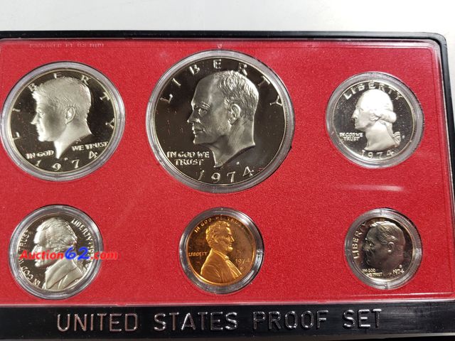 Lot 44-8521g - 1974 PROOF SET W/EISENHOWER DOLLAR, KENNEDY HALF, WASHINGTON QUARTER, ROOSEVELT DIME, JEFFERSON NICKEL AND LINCOLN CENT. MINTED IN SAN FRANC...
