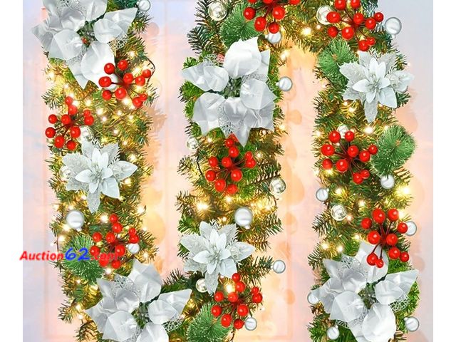 Lot 44-6897p - 9ft Pre-lit Artificial Christmas Garland, Green Rattan with Silver Flower Decorations and Battery Operated LED Lights Appears New, A basic i...