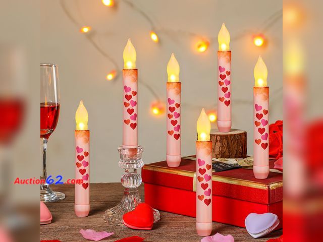 Lot 44-1964e - Baquler 6 Pcs Valentine Day Flameless Candles Primitive 6.5 Inch Short Heart Taper Candles Battery Operated LED Candlesticks for Valentine W...