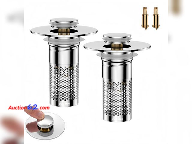 Lot 44-2964e - Universal Pop-Up Bathroom Sink Stopper, Stainless Steel Drain Strainer with Removable Filter Basket for 1.1"-2.36" Basin, Push-to-Bounce Cor...