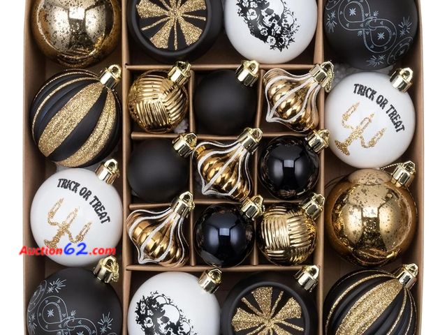 Lot 44-6808p - Halloween Tree Ornaments Decorations Indoor, 21ct Black Gold Hanging Gothic Halloween Ornaments for Small Tree with Skulls, Spooky Shatterpr...