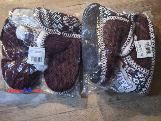 Lot 44-3009f - Lot of 2 - Size Medium(7/8) - FUNZIEZ! by Silver Lilly - Knit Slipper Fuzzy Warm House Shoes - Burg/Grey (Medium)- NEW - See Pictures Appear...