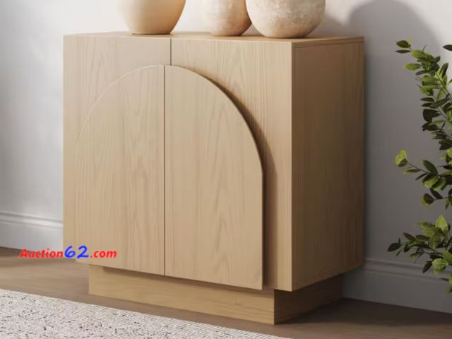 Lot 44-15b - Retail value $360- Iris Gray Oak 31 in. H Mid-Century Modern Wooden Sideboard Accent Cabinet with Interior Shelves and Arched Doors 1. Appea...