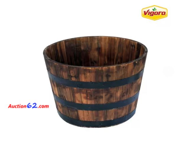 Lot 44-1503m - Jackson Extra Large Dark Brown Wood Barrel Planter with Drainage Hole (26 in. L x 26 in. W x 16.5 in. H) Appears New, A basic inspection has...