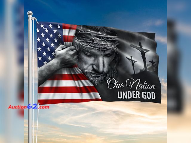 Lot 44-5120b - One Nation Under God Jesus Flag - Patriotic Grommet Flag Gift for Faithful Hearts &amp; Home Decor. Size: 5' x 8'. Has 2 corners messed up s...