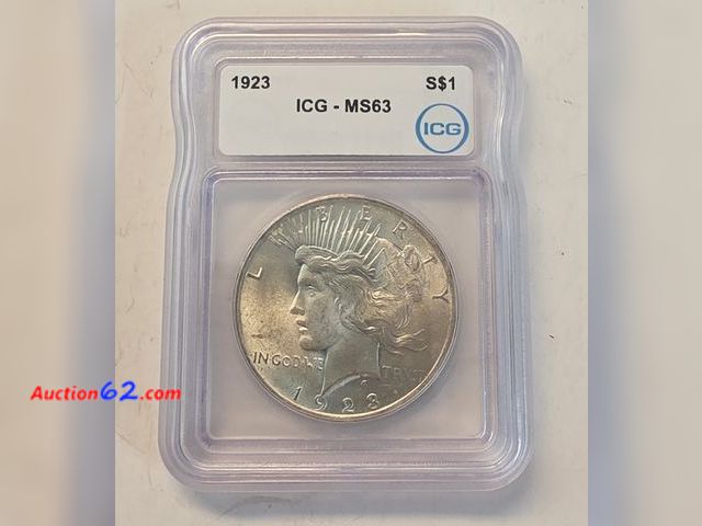 Lot 44-8397w - 1923 LIBERTY HEAD 90% SILVER PEACE DOLLAR GRADED MS63 BY ICG. MINTED IN PHILADELPHIA. - NT