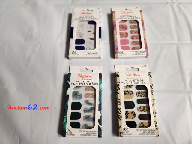 Lot 44-2114g - 4 packages Sally Hansen salon effects   Nail strips. Each package comes with 32 nail strips, 1 prep pad, 1 nail file, 1 cuticle stick. Easy ...