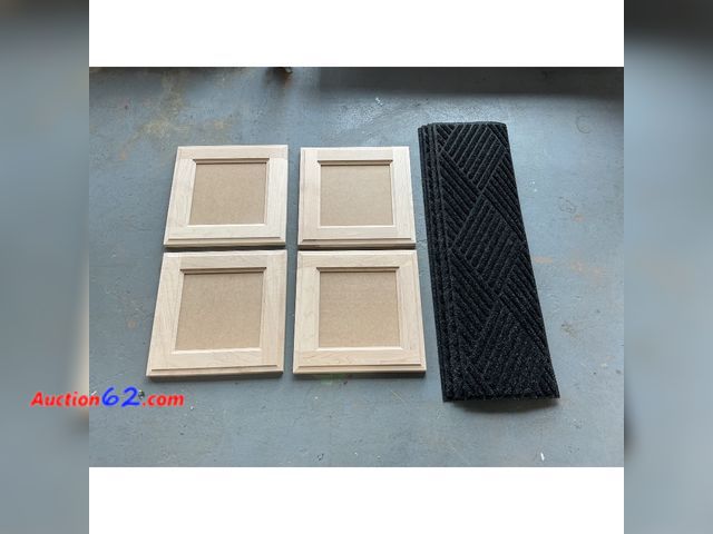 Lot 44-749i - Cabinet Doors &amp; Floor Mat Set - Unfinished Wood, Black Chevron Mat Not Tested See All Photo's E-Commerce Return, A basic inspection has ...