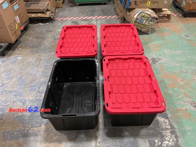 Lot 44-1518p - lot of (4) Hyper Tough 27 Gallon Snap Lid Plastic Storage Bin Container  Black with Red Lid- 4 containers, 3 lids Powers on, not tested furt...
