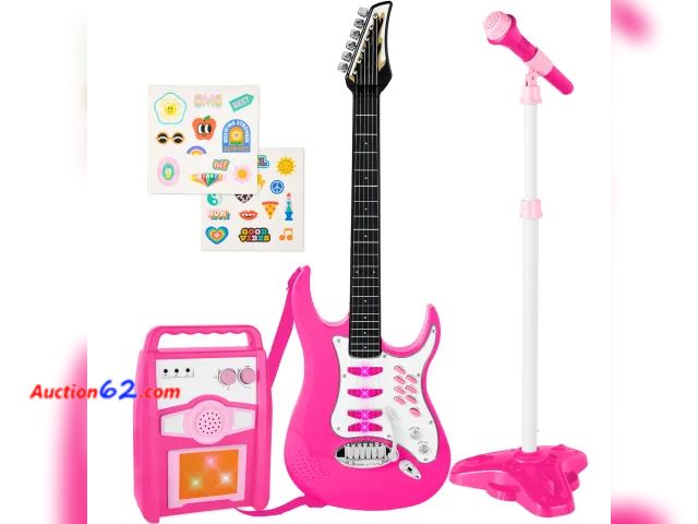 Lot 44-3068g - Pink - Kids Electric Guitar Toy Play Set w/ 6 Songs, Microphone, Amp - BCP Products - See Pictures E-Commerce Return, A basic inspection has...