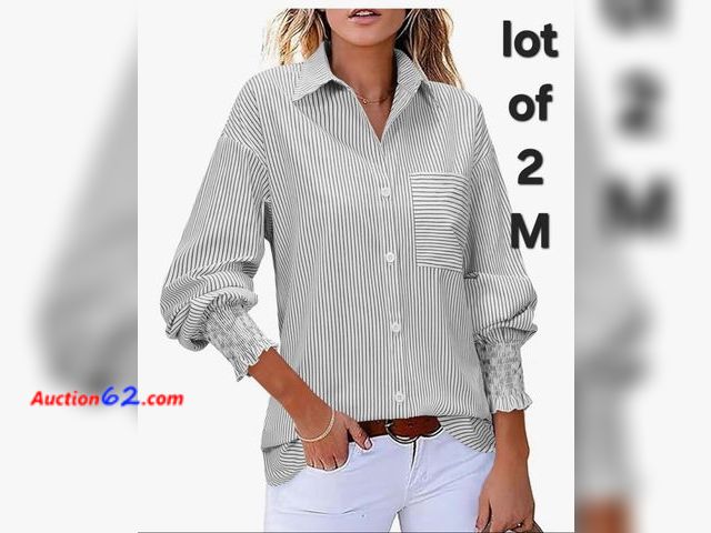 Lot 44-6929p - Lot of 2 Size Medium Womens Button Down Shirts Striped Smocked Cuff Long Sleeve Blouses with Pocket Casual Collar Office Work Tops Appears N...