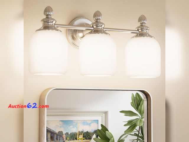 Lot 44-1648w - $139.99 Retail price - Keonjinn Brushed Nickel Bathroom Light Fixtures, 4-Light Vintage Vanity Lights for Mirror with Frosted Glass Shades, ...