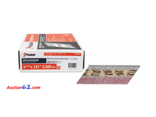 Lot 44-1117g - Retail value $139- 3-1/4 in. x 0.131-Gauge 30-Degree Brite Smooth Shank Paper Tape Framing Nails (2500 per Box) Appears New, A basic inspect...