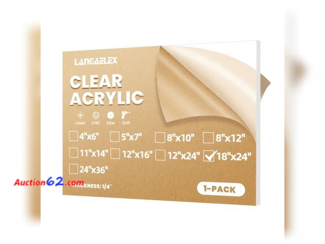 Lot 44-249 - Langaelex Plexiglass Sheets 1/4" (6mm) Thick - 1 Pack of 18x24 Clear Cast Acrylic Sheets for Laser Cutting, Signs, Glass Replacement, DIY an...