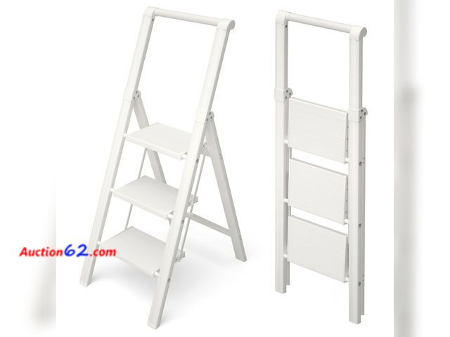 Lot 44-116o - HillhutApex 3 Step Foldable Aluminum Step Ladder with Handgrip, Anti-Slip Pedal, 330 lbs Capacity, Lightweight &amp; Portable for Home, Kitc...