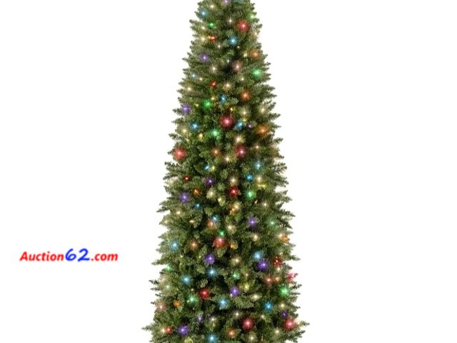 Lot 44-6986w - 12ft Prelit Spruce Pencil Christmas Tree w/ 2-In-1 LED Lights Warm White and Multicolor Lights Appears New, A basic inspection has been give...