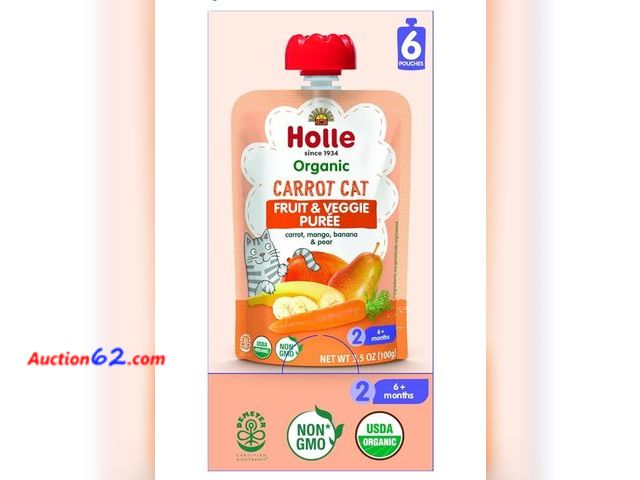 Lot 44-6876p - Holle Organic Baby Food Pouches - Carrot Cat Baby Puree with Carrot, Mango, Banana &amp; Pear - (6 Pack) Organic Baby Snacks + Fruit and Veg...