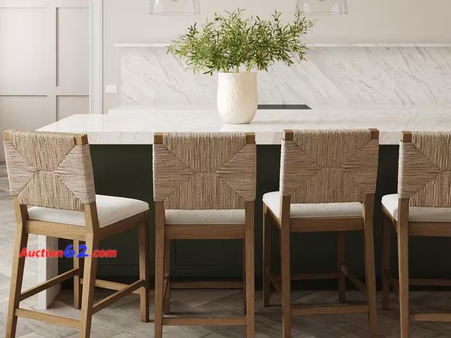Lot 44-84g - Retail of $964- Set of (4) Beacon 24 in. Bohemian Boucle Upholstered Wood Counter Height Bar Stool w/ Woven Back, Cream Boucle/Light Brown A...