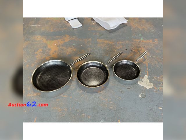 Lot 44-845i - 3 Piece Stainless Steel Frying Pan Set See All Photo's Not Tested E-Commerce Return, A basic inspection has been given to this item. Sold AS...