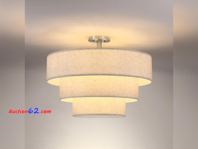 Lot 44-2611w - $189.99 Retail price - Doraimi Lighting 3 Tier Cream Linen Drum Fabric Semi Flush Mount Light Modern Farmhouse Decor 7 Light 24 Inch Brushed...