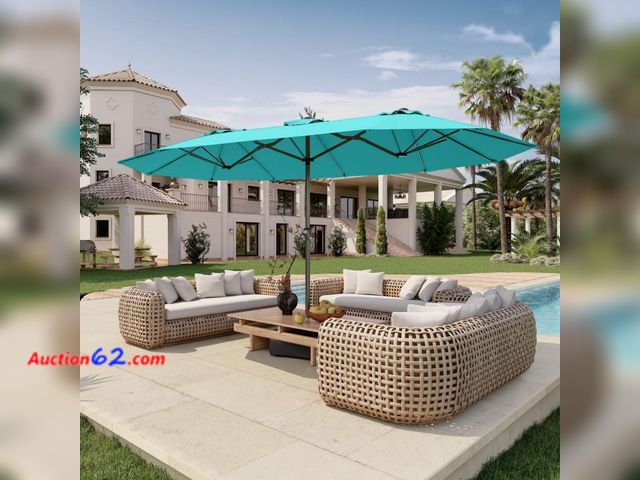 Lot 44-532e - $131 Retail price - Patio Kingdom 15FT Double Sided Patio Umbrella with Base Included Large Outdoor Market Umbrella with Crank Handle, UV Re...