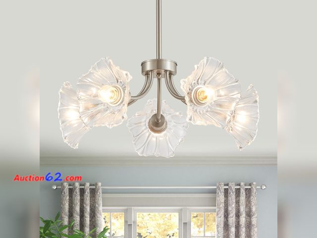 Lot 44-973e - $79.99 Retail price - Majhoiw 22'' Modern Glass Chandelier Farmhouse Flower Pendant 5-Light Brushed Nickel Dining Room Lighting Fixture with...